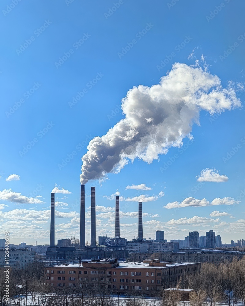 A photo of multiple smoke plumes rising from tall industrial chimneys against a bright blue sky A photo of multiple smoke plumes rising from tall industrial chimneys against a bright blue sky