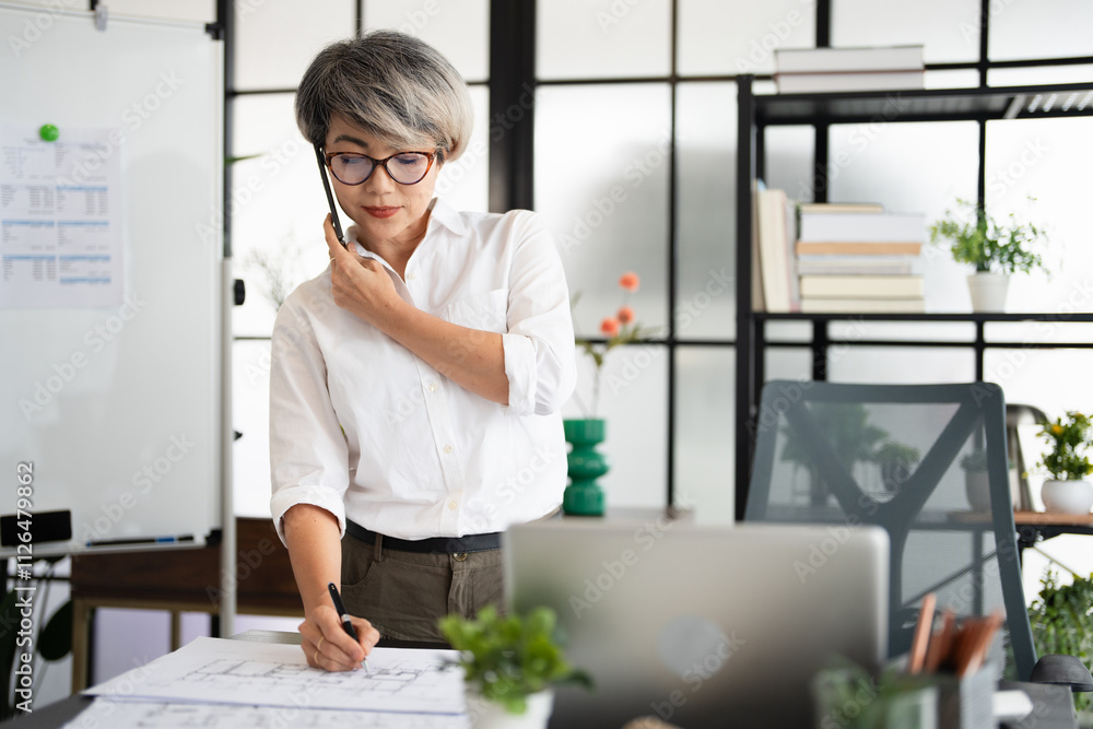 Mature Businesswoman With Mobile Phone Working At Desk In Start Up Creative Business Mature Businesswoman With Mobile Phone Working At Desk In Start Up Creative Business