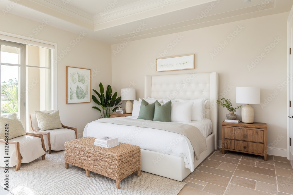 A serene and modern bedroom featuring plush bed with decorative pillows, stylish lamps, and natural elements like plants. light color palette creates calming atmosphere A serene and modern bedroom featuring plush bed with decorative pillows, stylish lamps, and natural elements like plants. light color palette creates calming atmosphere