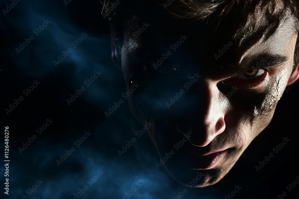 Generative ai picture close up photo of a person with bleeding red eyes on dark background