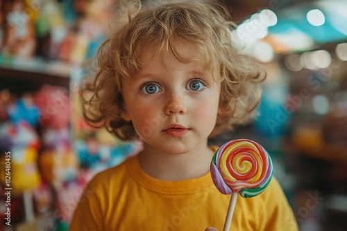 Generative AI Image of a Happy Child Smiling While Enjoying Sweets, Candies, and Bakery Treats photo