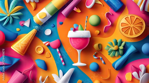Colorful and Vibrant Summer Party Elements Including Drinks, Fruits, and Festive Decorations on a Bright Background