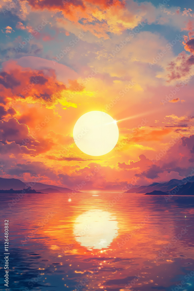 A sunset over a body of water with a full moon in the sky A sunset over a body of water with a full moon in the sky
