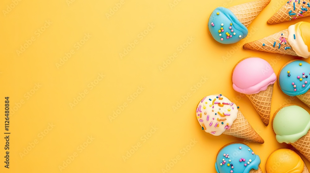 Colorful Ice Cream Cones with Sprinkles on Bright Yellow Background for Summer Treats and Dessert Concepts Colorful Ice Cream Cones with Sprinkles on Bright Yellow Background for Summer Treats and Dessert Concepts
