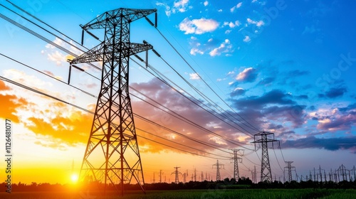 Majestic Sunset Over Electric Power Lines with Tower Structures and Vibrant Sky, Creating an Inspiring Landscape in the Energy Sector