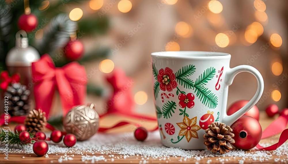A festive mug surrounded by holiday decorations and ornaments. A festive mug surrounded by holiday decorations and ornaments.