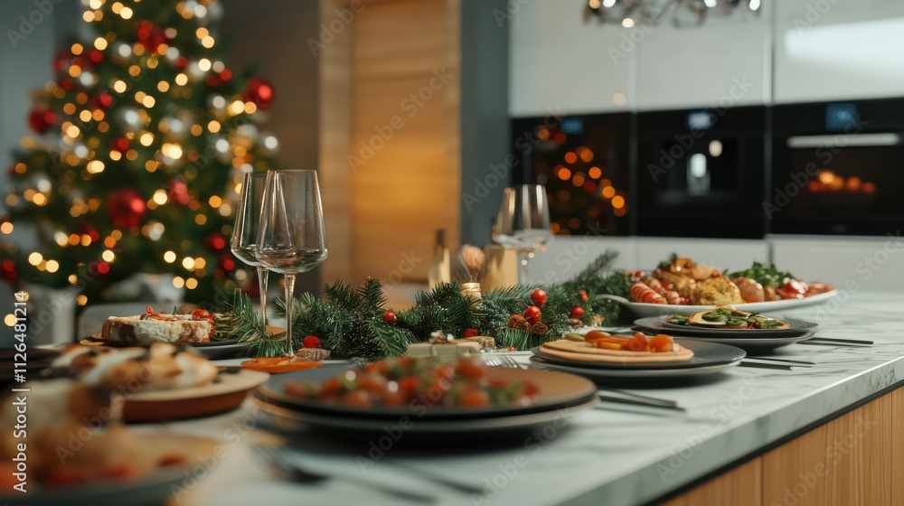 A modern kitchen scene with a completely plant-based christmas meal, featuring a festive table setting, various vegan dishes, and a decorated christmas tree in the background. A modern kitchen scene with a completely plant-based christmas meal, featuring a festive table setting, various vegan dishes, and a decorated christmas tree in the background.