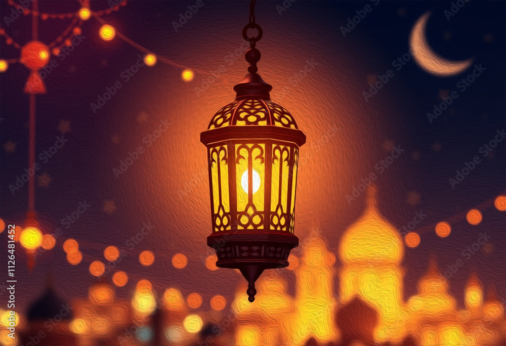 Fototapeta premium Printable pattern for wall decorations, covers, wallpapers, greeting cards on the occasion of a Muslim holiday. Ramadan . Oil painting