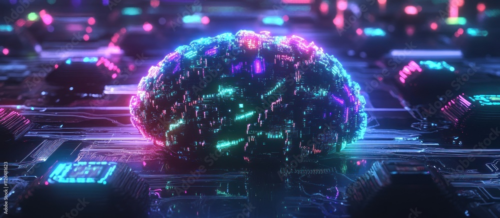 Obraz premium Glowing digital brain on circuit board.