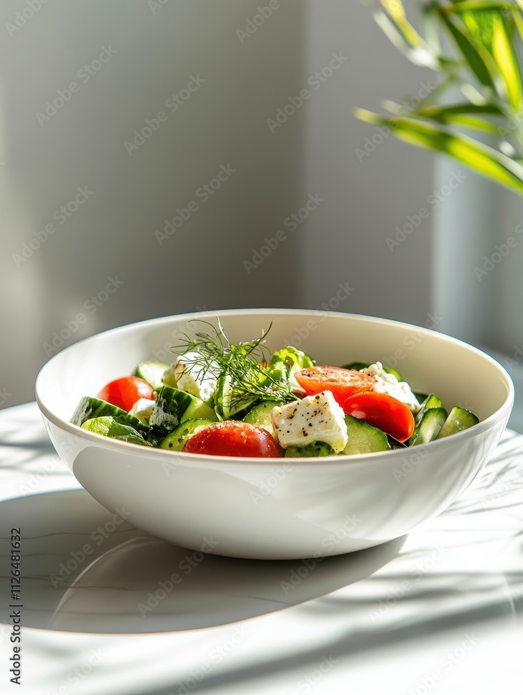 A fresh salad with cucumbers, tomatoes, and feta cheese in a white bowl. A fresh salad with cucumbers, tomatoes, and feta cheese in a white bowl.