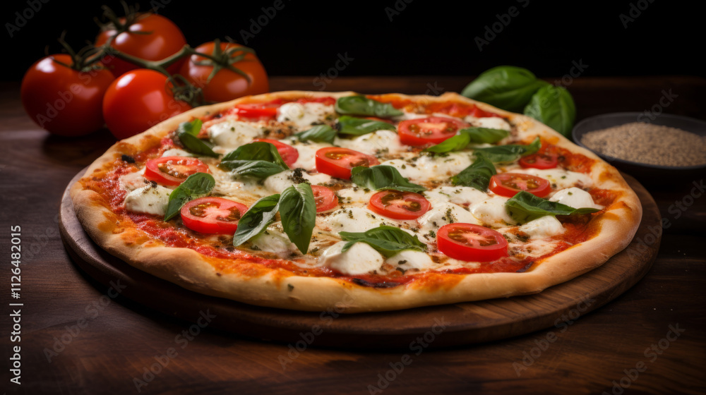 A gourmet pizza fresh from the oven, topped with sliced tomatoes, mozzarella, and basil leaves. A gourmet pizza fresh from the oven, topped with sliced tomatoes, mozzarella, and basil leaves.