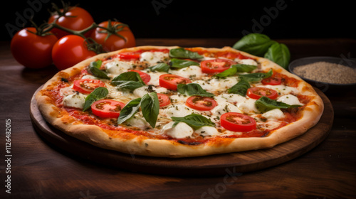 A gourmet pizza fresh from the oven, topped with sliced tomatoes, mozzarella, and basil leaves.