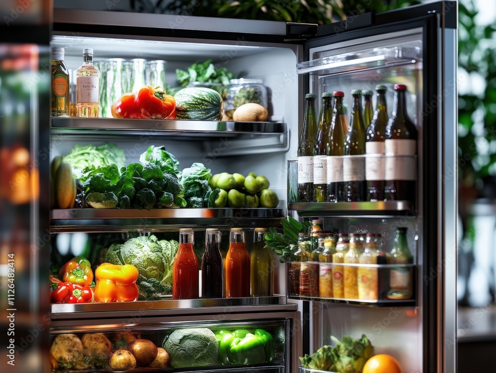 fresh produce and beverages organized in a modern refrigerator fresh produce and beverages organized in a modern refrigerator
