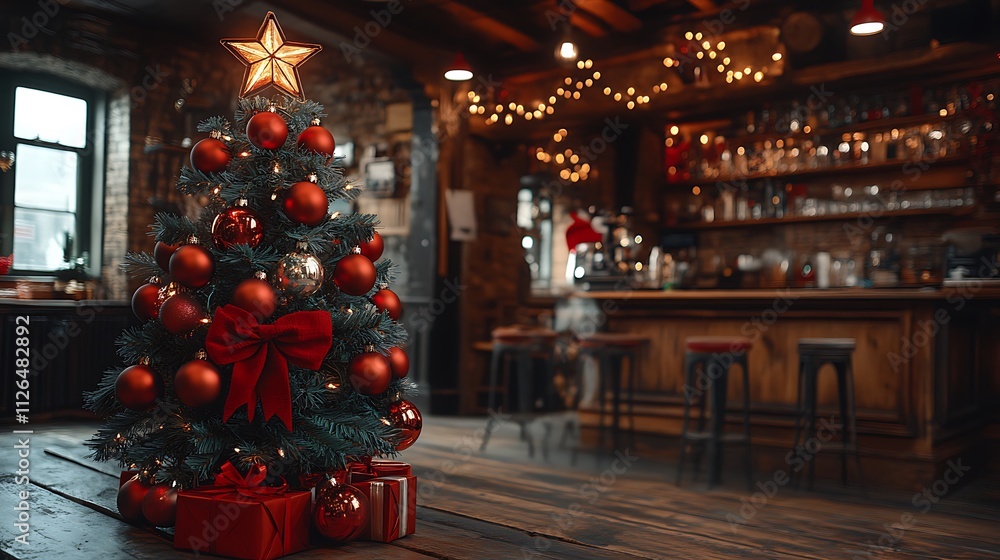 Festive Christmas Tree In Rustic Bar Setting Festive Christmas Tree In Rustic Bar Setting