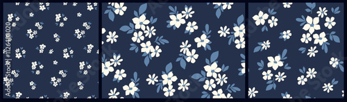 Seamless floral pattern, liberty ditsy print with small white flowers on a dark blue field. Cute botanical design: simple hand drawn plants, tiny flowers, leaves in mini bouquets. Vector illustration.