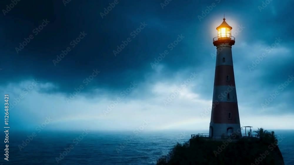 Lighthouse Beacon Shining Through Stormy Night Seas Lighthouse Beacon Shining Through Stormy Night Seas