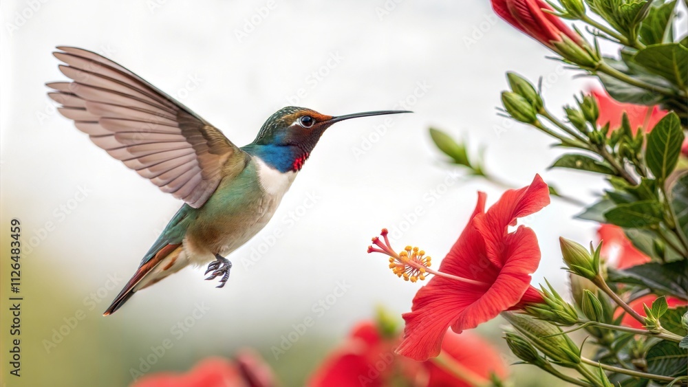 Fototapeta premium Vibrant hummingbird hovering near red flowers in a lush garden