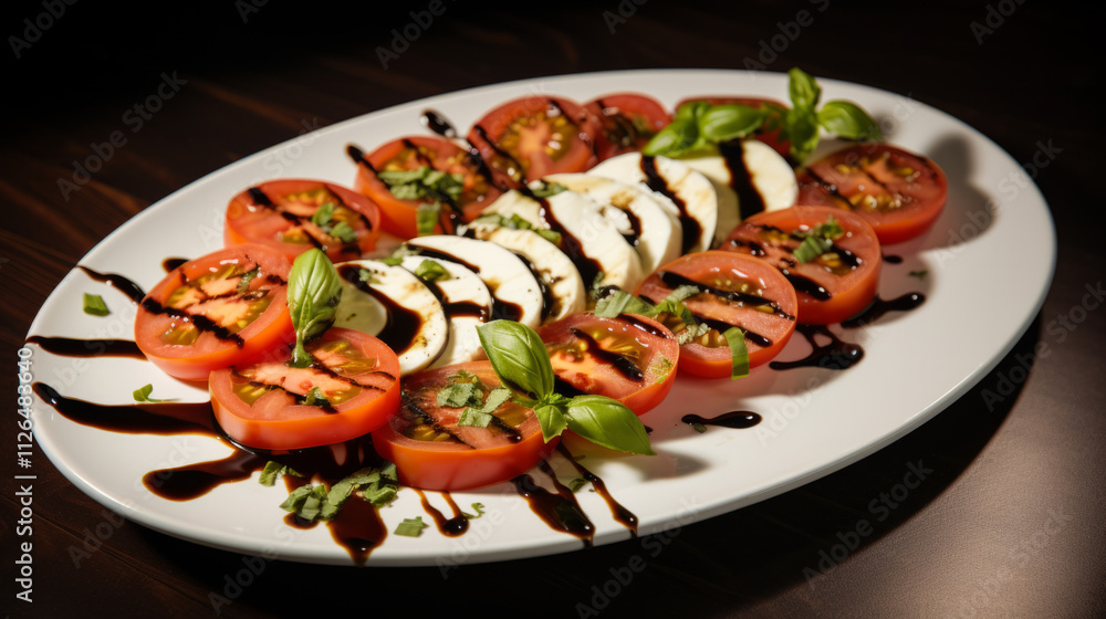 A beautifully arranged Caprese salad, slices of tomato and mozzarella A beautifully arranged Caprese salad, slices of tomato and mozzarella