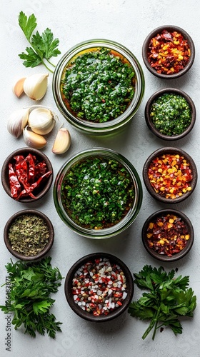 jar vibrant Argentinian chimichurri sauce showcases its fresh herby flavor parsley garlic chili flakes oregano and red wine vinegar arranged beautifully it.