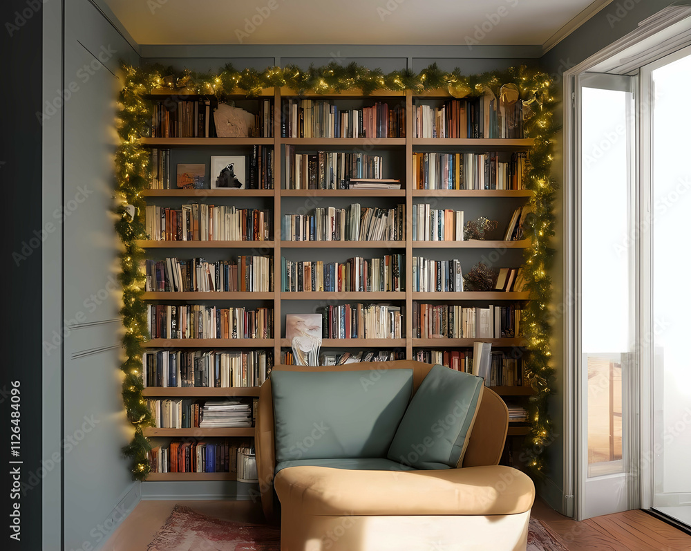 Fototapeta premium Modern reading nook with built-in shelves, bright interior, festive garlands on the shelves, and a designer lounge chair Generative AI