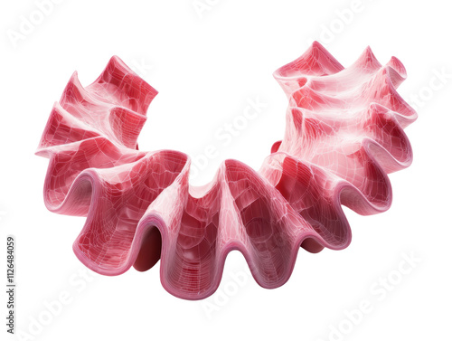 A pink, ruffled piece of meat, showcasing its texture and wavy form, indicative of high-quality cuts.