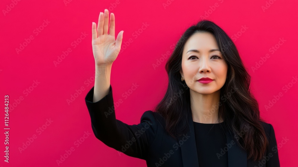 Asian woman stands with confidence, raising her hand in a halting gesture, conveying a strong message. She appears focused and determined, set against a vibrant pink background Asian woman stands with confidence, raising her hand in a halting gesture, conveying a strong message. She appears focused and determined, set against a vibrant pink background