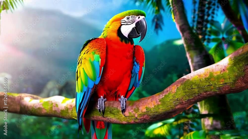 Scarlet Macaw Colorful Parrot Perched on a Branch in a Lush Tropical Rainforest Scarlet Macaw Colorful Parrot Perched on a Branch in a Lush Tropical Rainforest