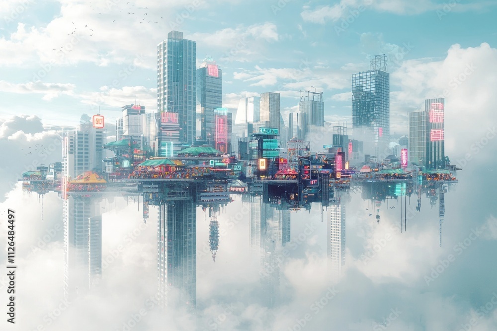 Naklejka premium A futuristic city floating in the sky, with skyscrapers, surrounded by clouds. The buildings have sleek designs and bright colors.