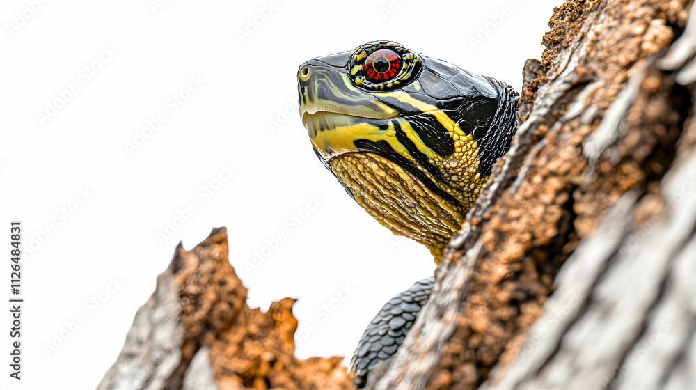 Vibrant Yellow-Bellied Slider Turtle peering from behind weathered wood, showcasing its striking red eyes and intricate shell patterns against a white backdrop. Vibrant Yellow-Bellied Slider Turtle peering from behind weathered wood, showcasing its striking red eyes and intricate shell patterns against a white backdrop.