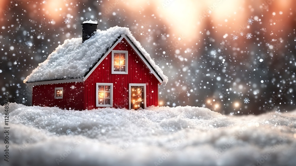 Red Cabin Snow Covered Winter Wonderland Scene Red Cabin Snow Covered Winter Wonderland Scene