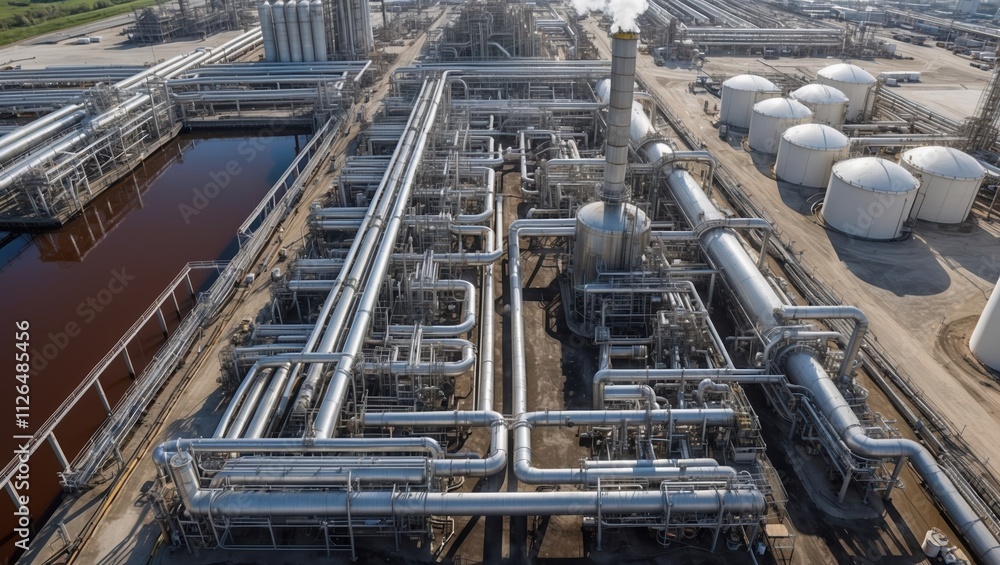 Aerial view of industrial plant featuring extensive pipelines, storage tanks, and processing units under clear blue sky, illustrating energy production and manufacturing processes. Aerial view of industrial plant featuring extensive pipelines, storage tanks, and processing units under clear blue sky, illustrating energy production and manufacturing processes.