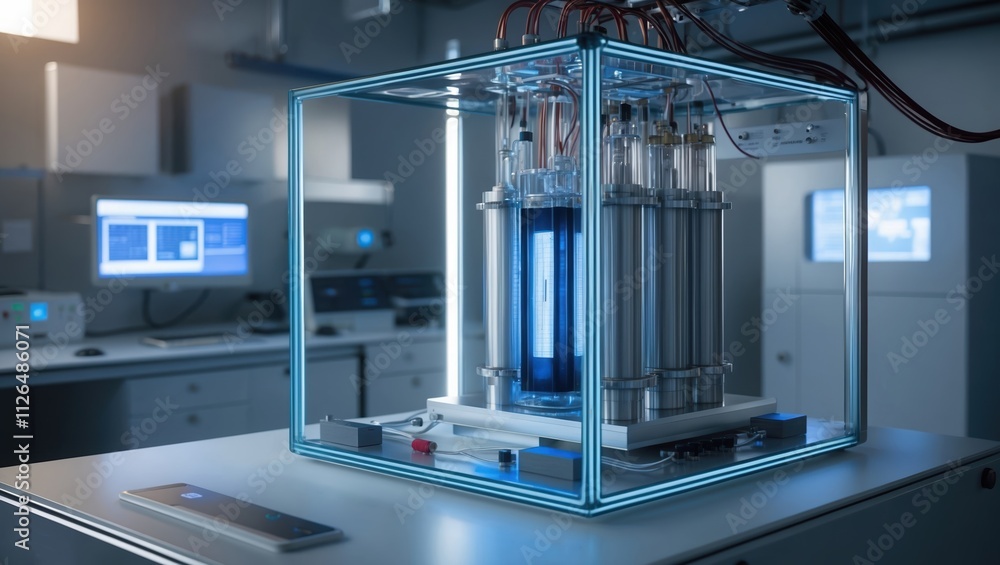 Advanced laboratory equipment showcasing a transparent enclosure with glowing blue liquid, surrounded by high-tech monitors and devices, conveying innovation and research. Advanced laboratory equipment showcasing a transparent enclosure with glowing blue liquid, surrounded by high-tech monitors and devices, conveying innovation and research.