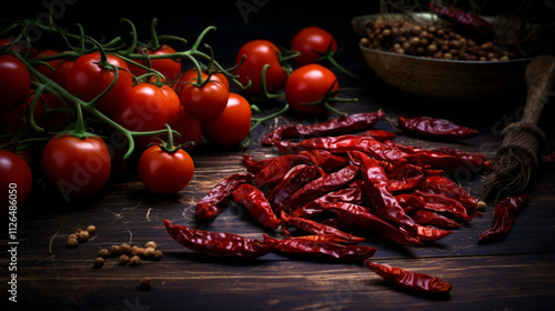 An artistic composition of tomatoes and dried chili peppers, stock photo