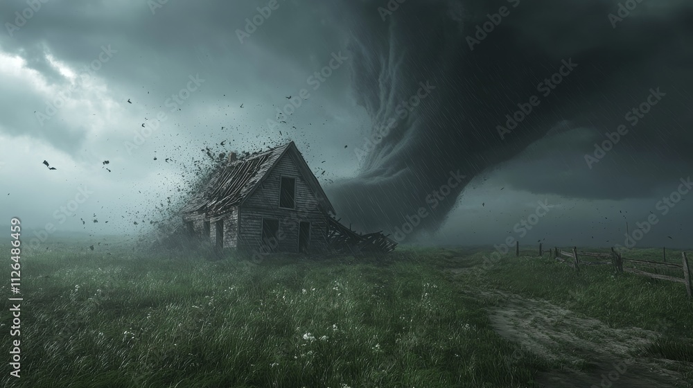 A tornado tearing through a prairie with a small farmhouse in the foreground, the farmhouse's roof being ripped off by the wind A tornado tearing through a prairie with a small farmhouse in the foreground, the farmhouse's roof being ripped off by the wind