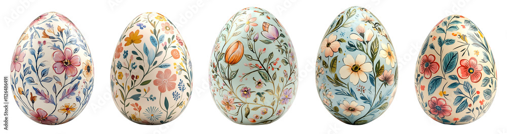 Fototapeta premium Colorful decorated Easter eggs with floral patterns and transparent background
