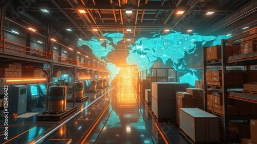 Global Distribution Network: A futuristic warehouse scene depicts a vibrant world map projection illuminating the way.