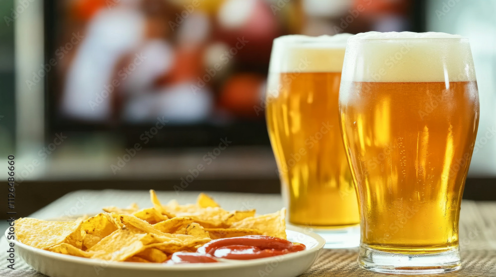 Super Bowl game party, glass of beer and plate of chips with salsa next to television screen