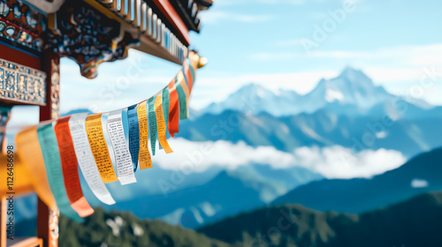 Vibrant prayer flags fluttering against a breathtaking mountain backdrop, capturing the serene beauty of a distant landscape.