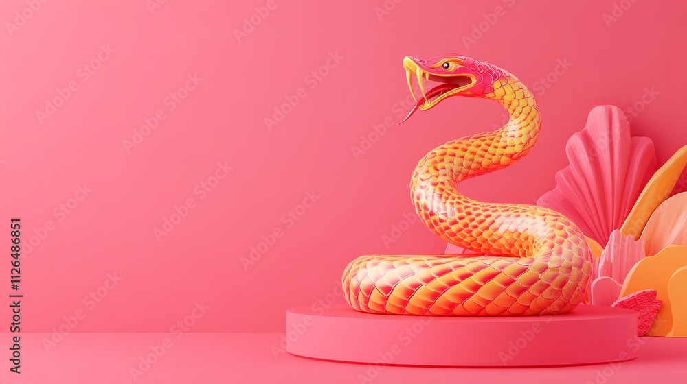 Fototapeta premium Celebrate Chinese New Year 2025, the Year of the Snake, with a vibrant product display. On a striking pink backdrop, showcase your products on a podium