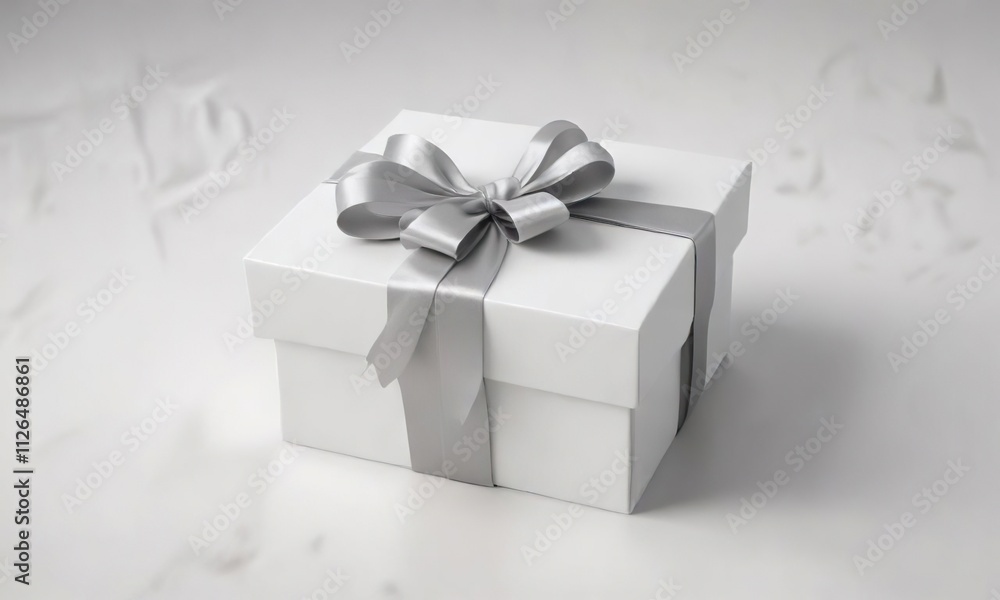 White gift box with satin ribbon and bow on plain white surface, festal, blessing, remembrance, reward White gift box with satin ribbon and bow on plain white surface, festal, blessing, remembrance, reward