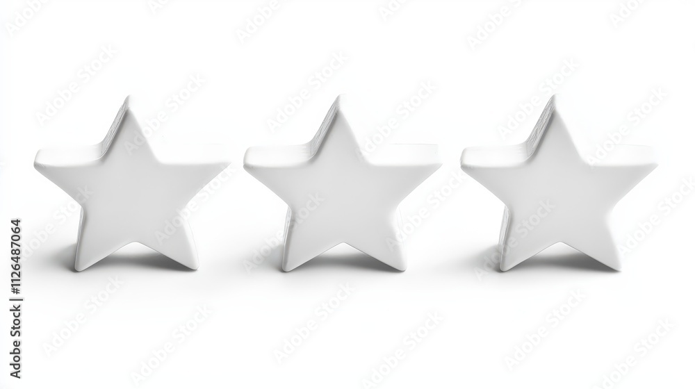 Three white stars casting shadows on a white background in an isolated setting Three white stars casting shadows on a white background in an isolated setting