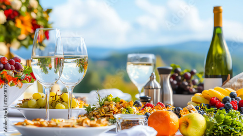 A vibrant outdoor dining setting with wine and fresh fruits, showcasing a scenic background and inviting ambiance.