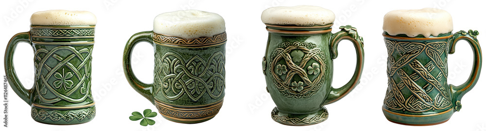 decorative green beer mugs with Celtic patterns and designs transparent background