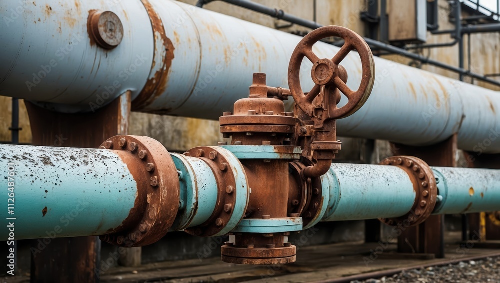 A rusted valve on industrial blue pipes in an urban setting, showcasing weathered textures and signs of aging, emphasizing industrial infrastructure. A rusted valve on industrial blue pipes in an urban setting, showcasing weathered textures and signs of aging, emphasizing industrial infrastructure.