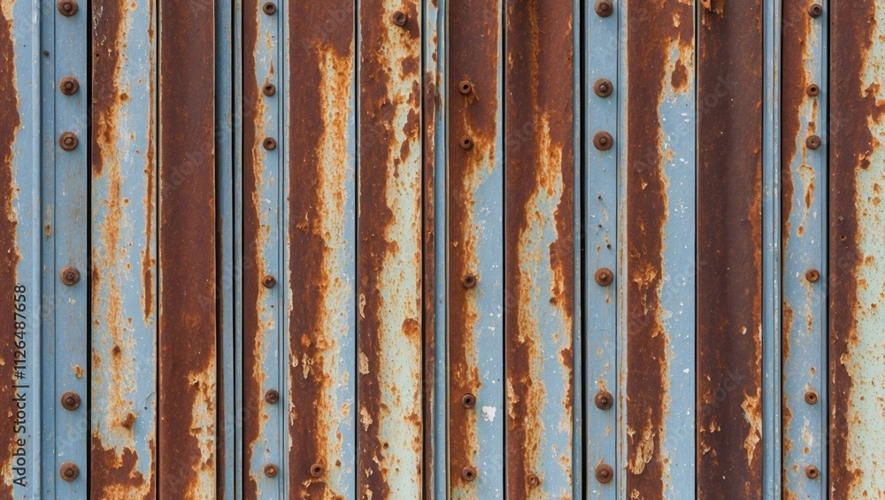 Rusty metal wall with blue paint peeling, revealing textures and colors of corrosion; ideal for backgrounds or industrial-themed projects. Rusty metal wall with blue paint peeling, revealing textures and colors of corrosion; ideal for backgrounds or industrial-themed projects.
