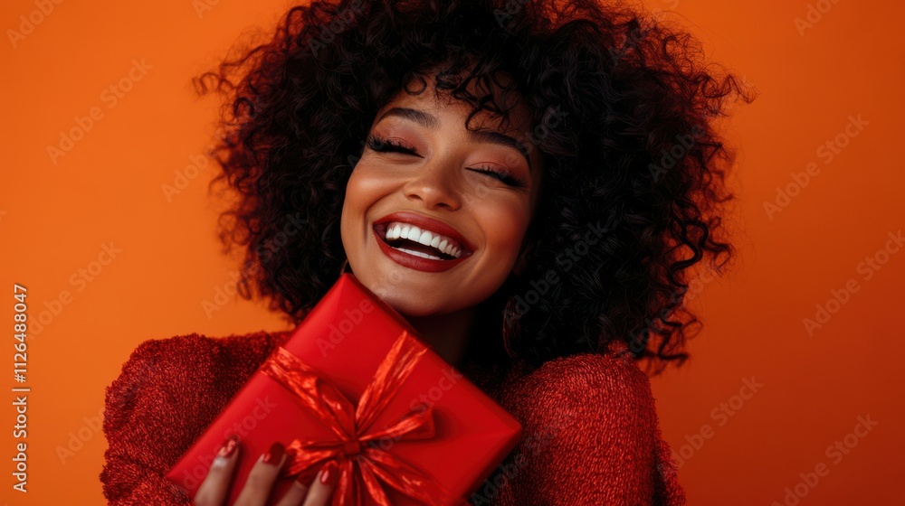A woman with curly hair beams with happiness as she hugs a beautifully wrapped red gift. The vibrant orange background enhances her joyful expression, celebrating a special moment A woman with curly hair beams with happiness as she hugs a beautifully wrapped red gift. The vibrant orange background enhances her joyful expression, celebrating a special moment