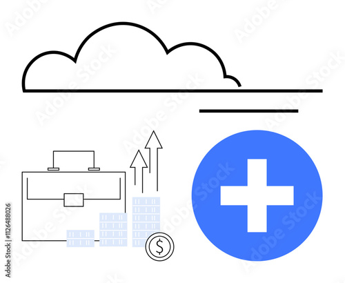 Cloud icon with briefcase, dollar coin, and growth arrows highlighting financial growth and efficiency. Blue cross symbol representing healthcare solutions. Ideal for technology, finance, healthcare