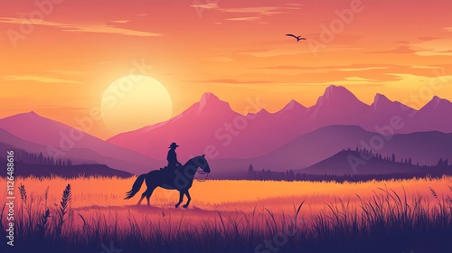 Sunset silhouette with mountains sunset horse rider landscape scenery vibrant sky evening photo