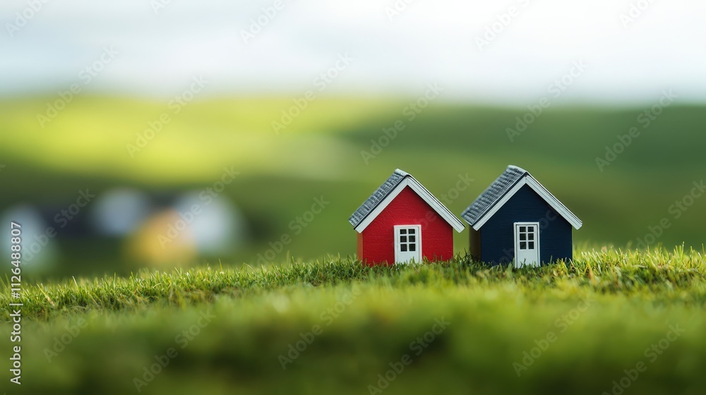 Tilt-shift close-up of colorful toy houses on green grass with blurred background Tilt-shift close-up of colorful toy houses on green grass with blurred background