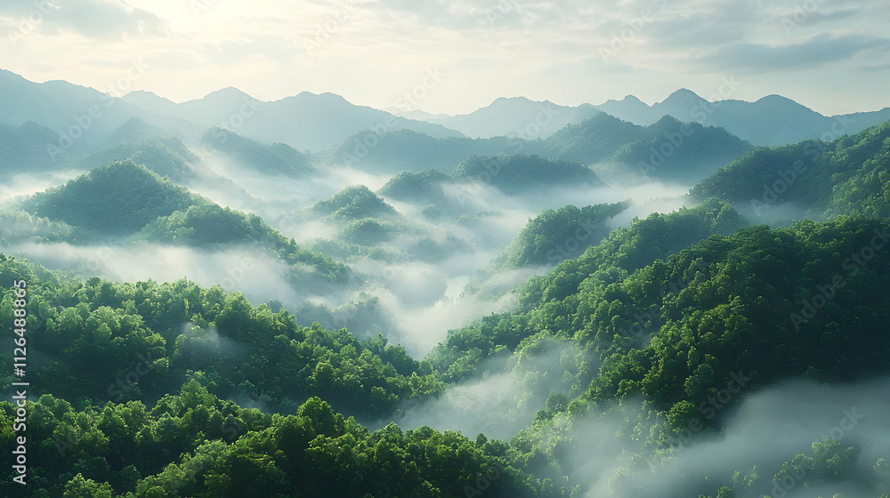Misty Mountains: Green Hills Enveloped in Fog Misty Mountains: Green Hills Enveloped in Fog